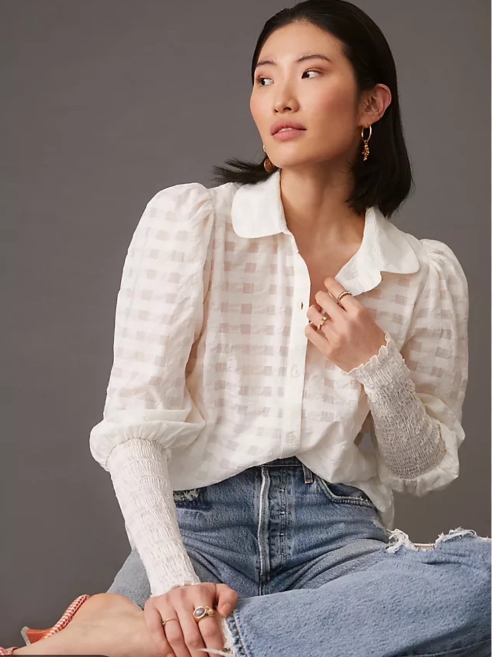 Maeve by Anthropologie Ivory Sheer Check Puff-Sleeve Button Down Blouse XSmall